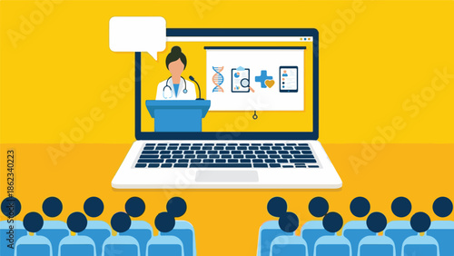 Doctor giving online medical presentation to virtual audience via laptop