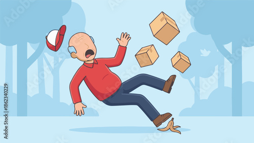 Elderly man slipping on banana peel and falling with boxes outdoors