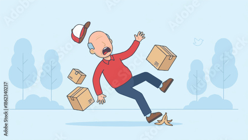 Elderly delivery man slips on banana peel, drops packages and falls