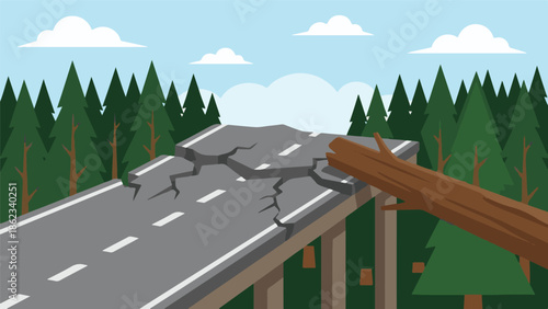Natural disaster: Cracked road bridge with fallen tree in forest