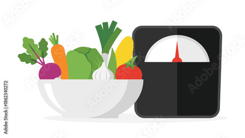 Healthy lifestyle concept with fresh vegetables in a bowl and weight scale