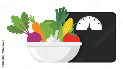 Healthy vegetables in a bowl next to a weight scale for diet concept