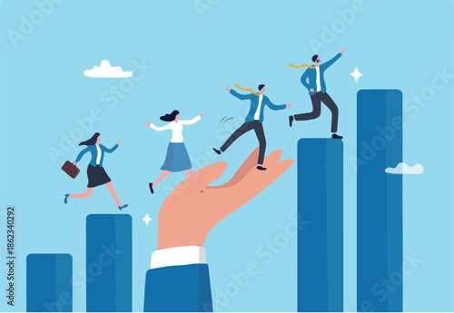 Growth assistance, support or help to success, growing business, career path or leadership helping employee achievement, manager support concept, businessman hand help people climb growth graph