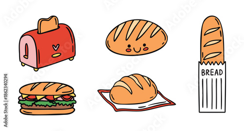 Bread and toast set baguette sandwich toaster and fresh loaf, cozy hand drawn doodle style.
