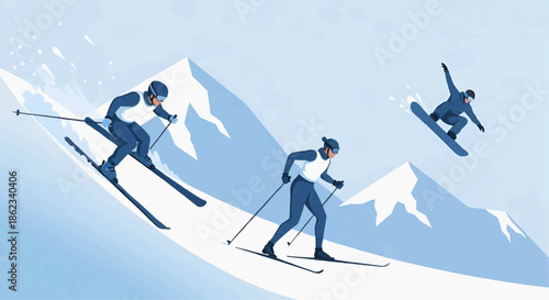 Three skiers skiing down a snowy mountain slope with one performing an aerial stunt