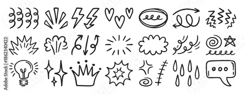Set of random doodle sketch elements, decorative hand drawn icons for creative design