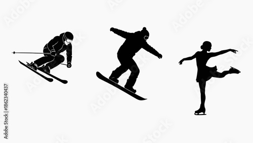 Three athletes skiing and snowboarding in dynamic poses on snowy slopes.