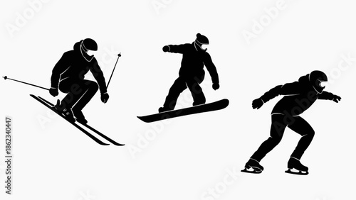 Three athletes skiing and snowboarding down a mountain slope in winter