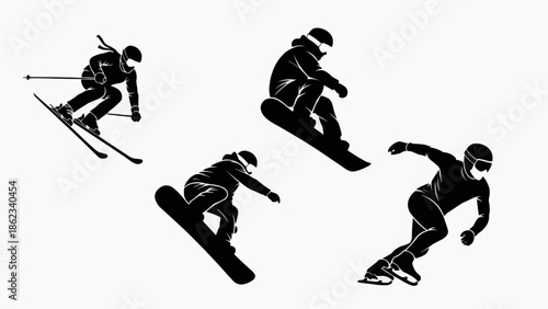 Athletes perform various skiing actions on snow with speed and agility