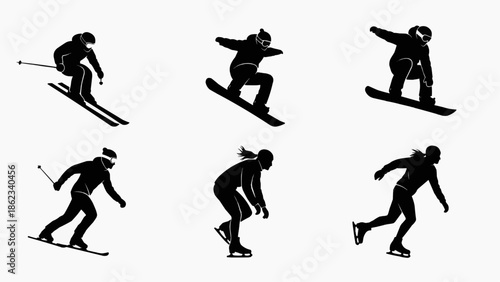 Skier performs various movements skiing down snow covered mountain slopes in winter