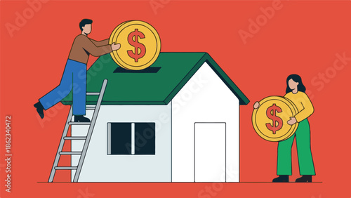 Man and woman saving money in house piggy bank for future property investment