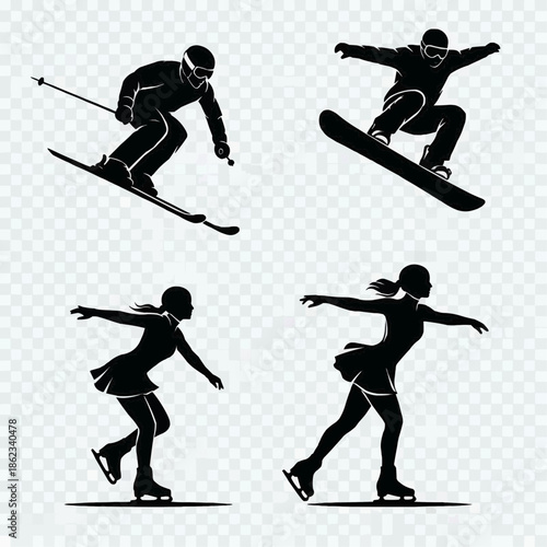 Athletes skiing and snowboarding down snowy slopes in various dynamic poses.