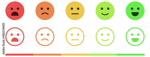Colorful feedback emoji faces, emoticons ranging from happy to sad, for surveys, rating systems, user feedback, and UI elements as a rating scale or for collecting feedback on satisfaction and mood