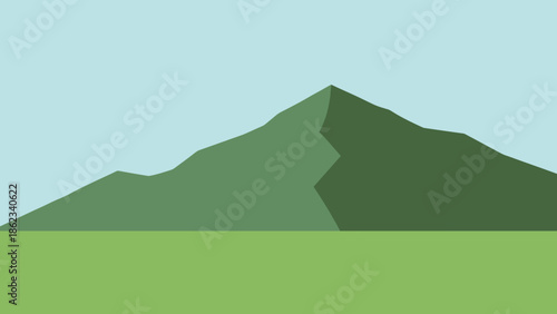 Minimalist Mountain Landscape Illustration with Green and Blue Tones.