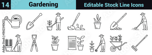 Black line icon set depicting gardening tools, plant care, sustainability, and growth in a minimal instructional style