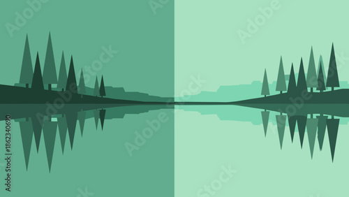 Mirror Image of a Forest Landscape with Reflections in Water.