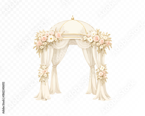 Watercolor Wedding Arch with Floral Canopy and Curtains Isolated on Transparent Background