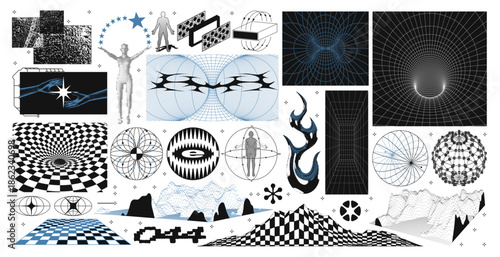 Collection retro futuristic wireframe 3D shapes and abstract graphic elements. Halftone human figures, checkerboard mountains, spheres, torus renders and tech grid illusions. Vintage bitmap set