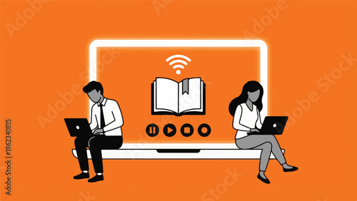 Online learning and digital education concept with people using laptops