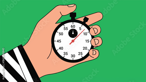 Hand holding a stopwatch on a green background, timing and measurement concept
