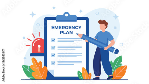 Person preparing an emergency plan checklist with an alert siren