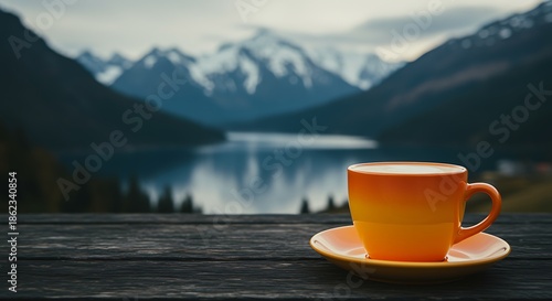 orange coffee cup on a saucer overlooking a serene lake and snowcapped mountains