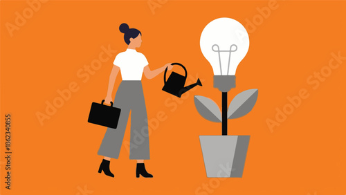Business professional watering a lightbulb plant for idea growth and innovation