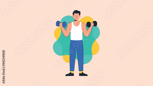 Man exercising with dumbbells in a flat design illustration