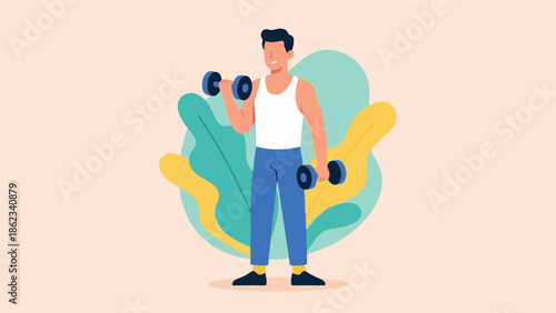 Illustration of Man Exercising with Dumbbells for Fitness and Wellness