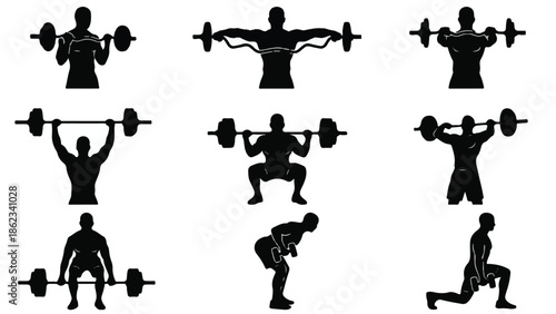 Weightlifting exercises silhouettes set for strength training workout