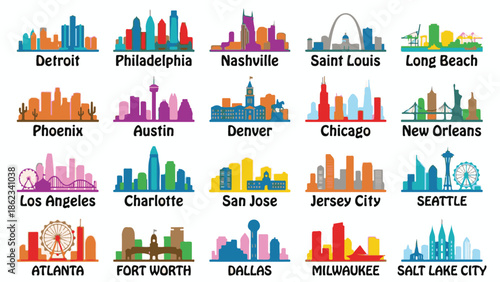 Colorful minimalist illustrations of 20 iconic United States city skylines