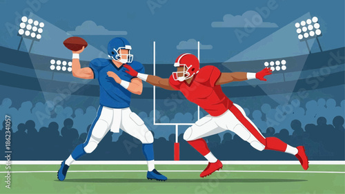 American football players clash on stadium field during evening sports event