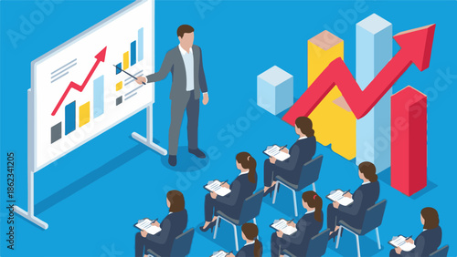 Isometric Business Presentation with Growth Chart and Diverse Audience