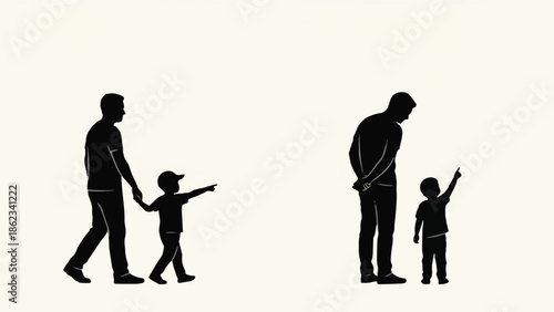 Minimalist silhouettes of a father and son in various interactions