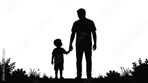 Father and son holding hands, walking together. Family bond silhouette.