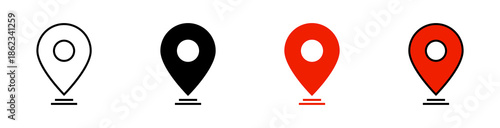 location icon, map pin icons in outline, black, and red styles. for maps, GPS, navigation apps, location markers, address indications, and geolocation interfaces