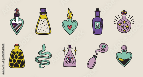 Potion bottles set, poisons, love potions, sparkles, boho mystical witchy hand drawn style