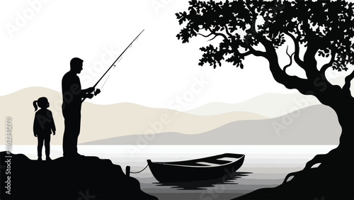 Silhouette of father and child fishing by a lake with a boat and tree
