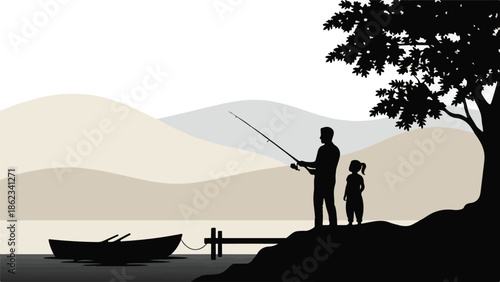 Father and daughter fishing in a serene natural landscape silhouette