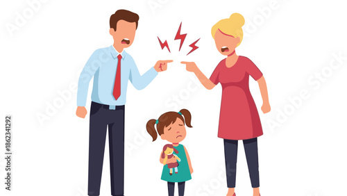 Illustration: Arguing parents and upset child, family conflict and distress