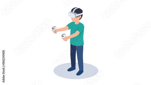 Young man playing virtual reality game with headset and controllers