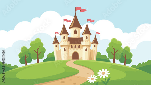 Whimsical Fairytale Castle on Green Hill with Path and Flowers Illustration