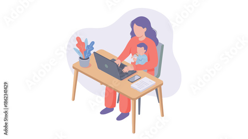 Work from home mother with baby, balancing professional and family life