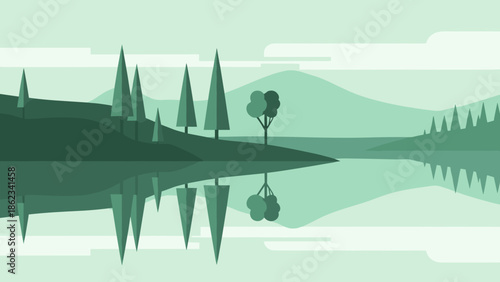 Monochromatic Green Landscape with Lake and Trees Reflection.
