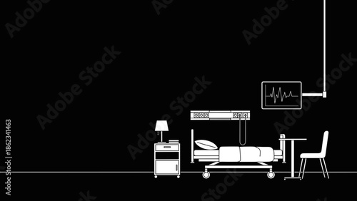 Monochromatic Hospital Room Illustration with Medical Equipment and Furniture.