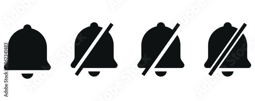 set of notification bell and mute icons, perfect for app interfaces. showing alert on, off, mute and disabled states. for user sound settings, UI, apps and web interfaces
