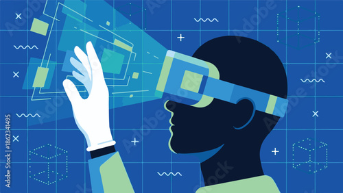 Person with VR headset interacting with virtual screen in digital environment