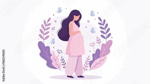 Pregnant woman surrounded by nature and butterflies in minimalist illustration