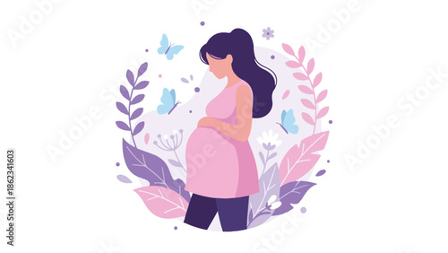 Serene illustration of expectant mother with floral and butterfly accents