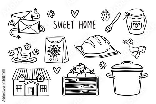 Sweet Home laundry set with basket, detergent and clothes line art outline, monochrome hand drawn